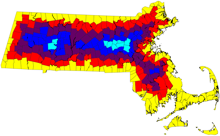 Map of MA municipalities colored by degree of separation from the ocean or any adjacent state