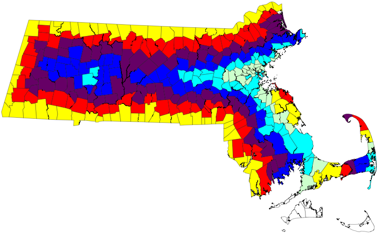 Map of MA municipalities colored by degree of separation from any bordering state