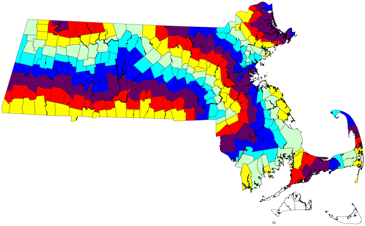Map of MA municipalities colored by degree of separation from Connecticut