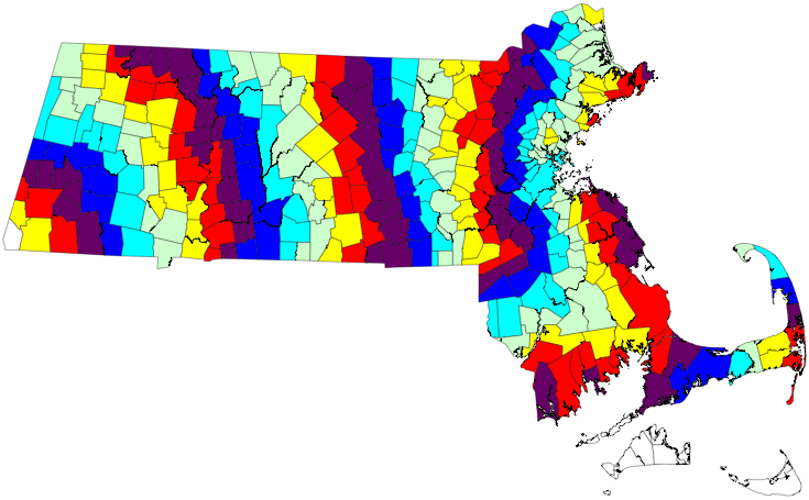 Map of MA municipalities colored by degree of separation from Mt. Washington
