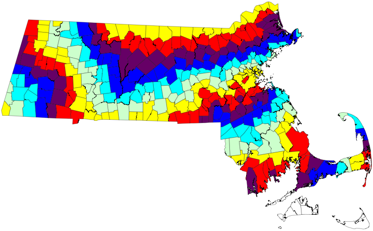 Map of MA municipalities colored by degree of separation from New Hampshire