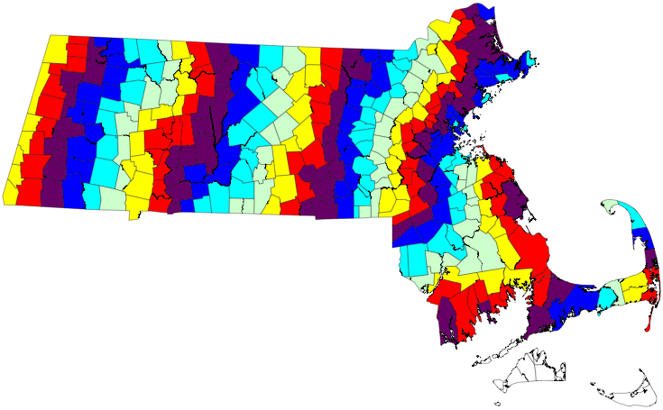 Map of MA municipalities colored by degree of separation from New York