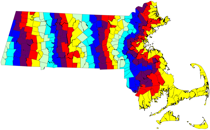 Map of MA municipalities colored by degree of separation from the ocean