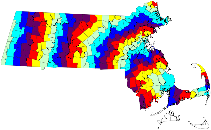 Map of MA municipalities colored by degree of separation from Provincetown