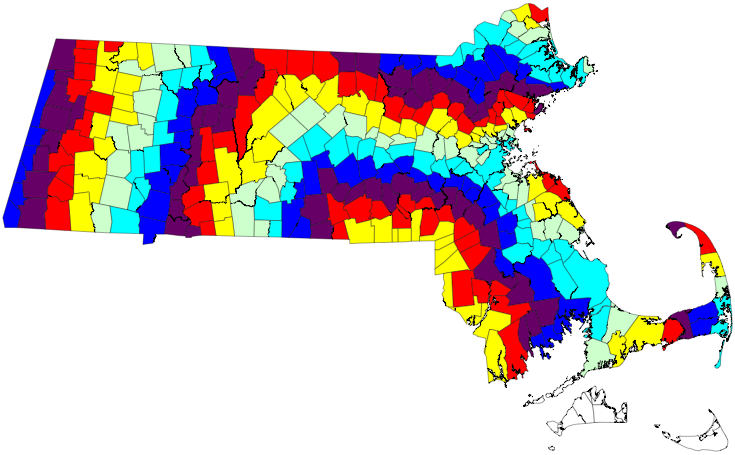 Map of MA municipalities colored by degree of separation from Rhode Island
