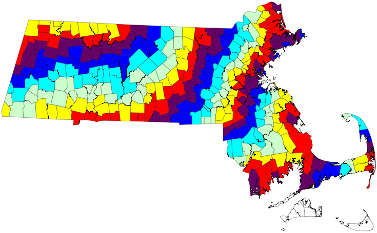 Map of MA municipalities colored by degree of separation from Vermont