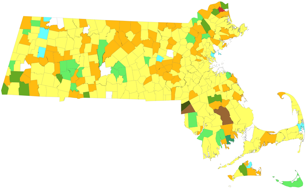 Map of Massachusetts towns colored by syllable stress of their names
